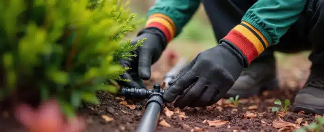 Professional irrigation contractor installing an underground sprinkler system at a residential property in Waterford, Connecticut