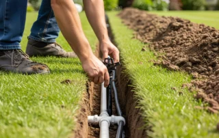 Professional irrigation installer placing sprinkler lines in a residential lawn, highlighting trusted irrigation installation services in Waterford, CT for healthy, beautiful landscapes.